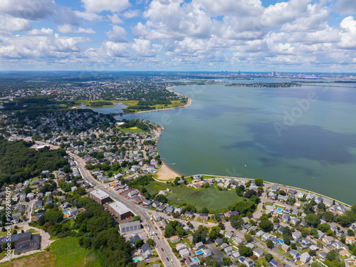 Adams Shore and Quincy Bay aerial view in summer in city of Quincy, Massachusetts MA, USA. 