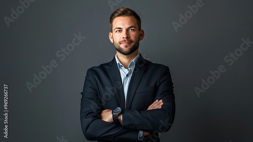 Young Businessman Posing with Crossed Arms, Wearing Suit, Grey Background, Business Theme, Professional,