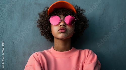 A child sporting curly hair, a bright orange cap, and pink reflective sunglasses poses confidently against a textured dark green wall, embodying a cool and eclectic style.