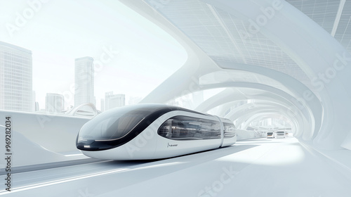 A futuristic high-speed train glides through a sleek, white station in a modern city. The minimalist architecture and advanced technology highlight the future of urban transportation and sustainable d