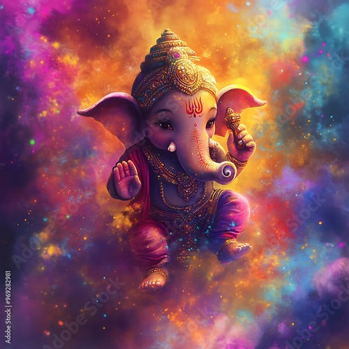 Cute baby Ganesha slowly walks in space. Holi colors float in the air around Ganesha