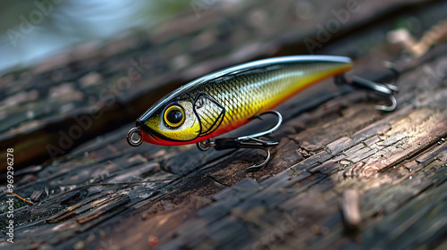 Fishing tackle on a wooden table.