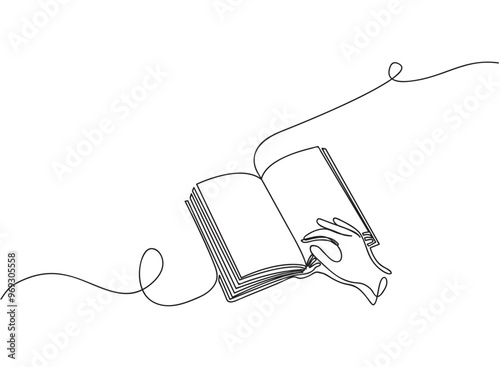 Opened Book line drawing continuous line art vector illustration