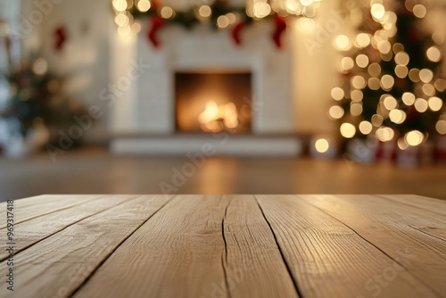 Wooden table top fireplace christmas decor.