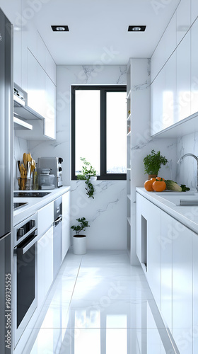 Illustration of a Modern White Kitchen with Marble Walls and Stainless Steel Appliances