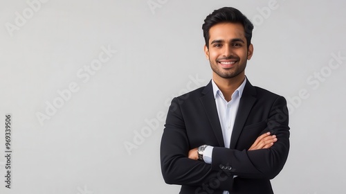 charismatic indian businessman in smart casual attire confident pose with folded hands against clean white backdrop warm smile conveys approachability and professionalism modern corporate portrait