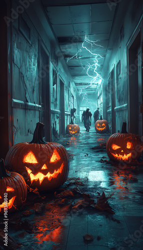 Haunted hallway with glowing jack-o'-lanterns, eerie lighting, and silhouettes, perfect for spooky Halloween themes.