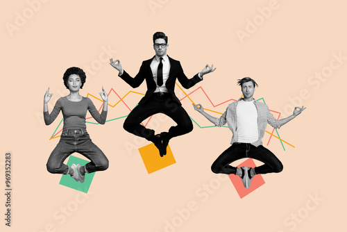 Creative trend collage of funny colleagues meditate teamwork calm workers weird freak bizarre unusual fantasy