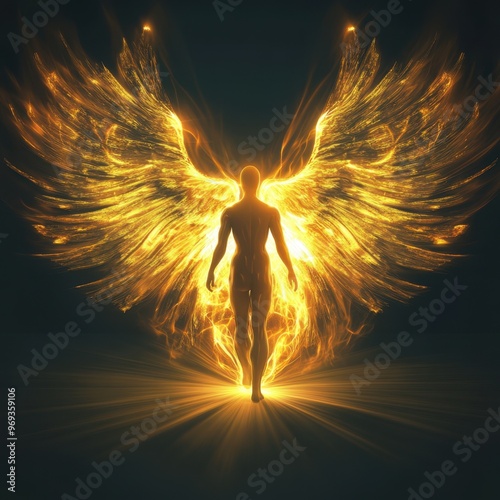 Ethereal figure with glowing, fiery angel wings standing in dark background, embodying mysticism and otherworldly presence.