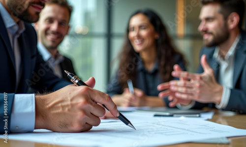 Une équipe concentrée autour d'une table en pleine réunion, discutant idées et stratégies pour un nouveau projet, dans un environnement professionnel moderne et lumineux.