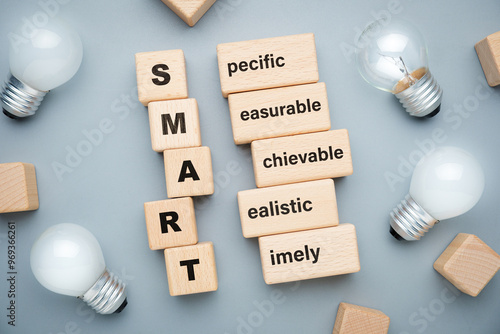 SMART acronym on wood blocks with glowing light bulbs, smart goal setting concept