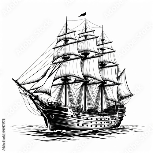 a black and white drawing of a sailing ship in the ocean.