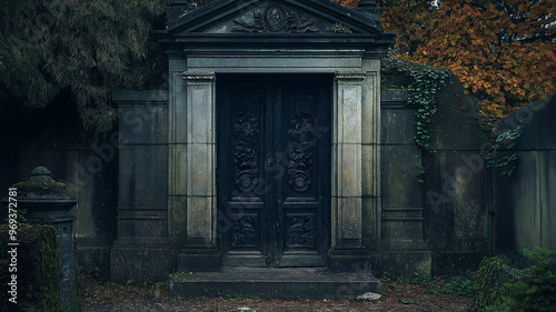 A cemetery gate with a black door and a stone wall