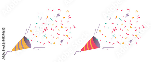 Confetti birthday explosion icon from firecracker popper festive party vector flat cartoon graphic illustration set, congratulation success surprise fireworks shoot from cone image clip art 