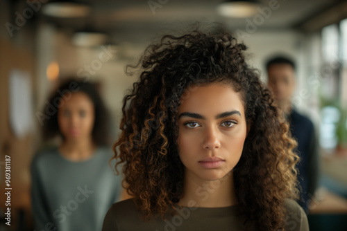 A strong businesswoman standing office and blurred group of employees looking, laughing at her. bullying workplace, management conflict, gossiping, Gender Inequality concepts. 