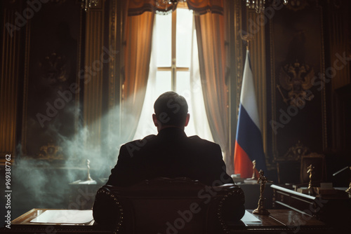 Rear view of powerful figure of Russian politician in grand office bathed in dramatic light, with national flag and opulent decor symbolizing authority and power of Russia