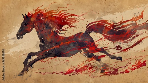 A striking depiction of a galloping horse embodies strength and vitality, vividly illustrated with flowing red mane and intricate details, celebrating the Chinese zodiac.