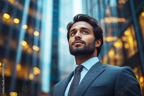 Ambition in the City: A confident young businessman with a determined gaze looks towards the future, standing tall against a backdrop of towering skyscrapers, symbolizing ambition, progress, and the p