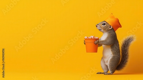 Squirrel in pirate costume, holding candy bucket, 3D illustration