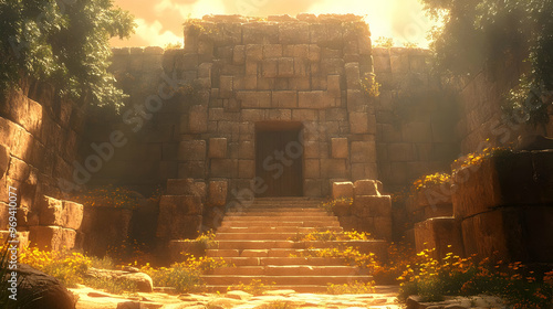 A mystical stone structure with stairs, surrounded by nature and illuminated by sunlight.