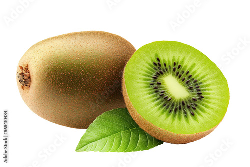 kiwi fruit and kiwi cut in half with green leaves isolated on a transparent background. cut out in PNG format for graphic design, isolated on a white background.