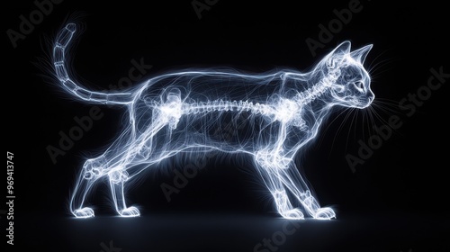 X-ray image of a cat showing its skeletal structure against a black background, highlighting bones and joints.