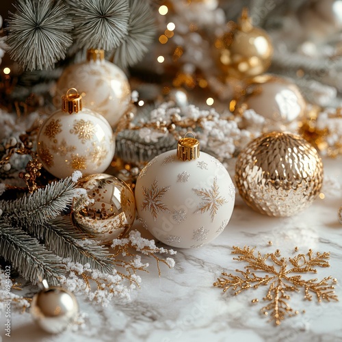 Elegant Christmas ornaments featuring white and gold baubles lie artfully among frosted pine branches, Ideal for holiday greeting cards, festive social media posts, and seasonal marketing materials,