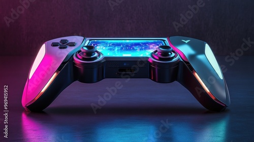 An advanced gaming console with futuristic aesthetics, holographic displays, and ergonomic controls