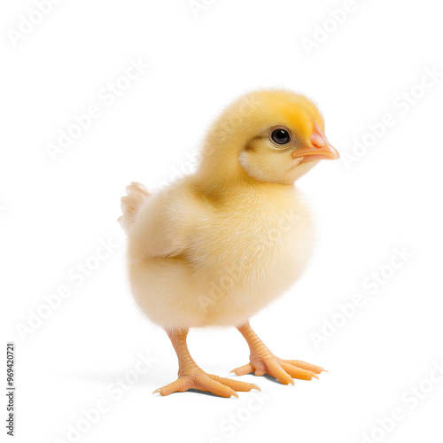 A cute, fluffy yellow chick standing upright, isolated on a transparent background