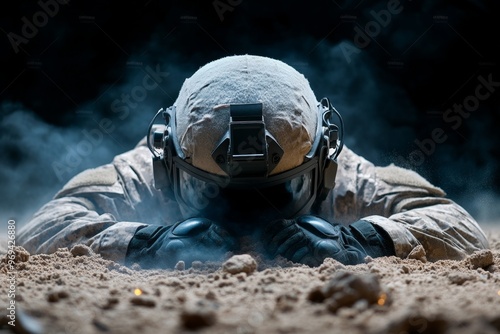 A sniper lying motionless on a battlefield, blending into the aftermath of a skirmish, surrounded by debris and smoke