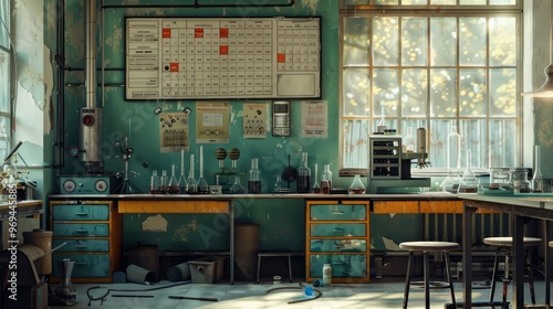 A chemistry lab with a periodic table on the wall.