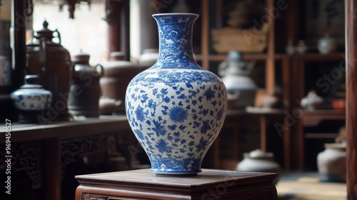 A blue and white porcelain vase with intricate Asian designs, placed on a wooden stand, surrounded by other cultural artifacts in a tranquil space.