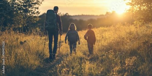 A family, with backpacks, hikes together through a grassy field during a golden sunset, enjoying the serene, natural moment.