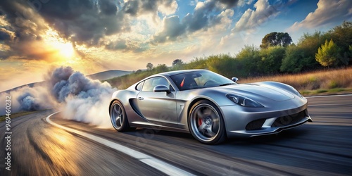 A sleek, silver sports car accelerates on a winding road, wheels screeching, leaving a swirling trail of smoke