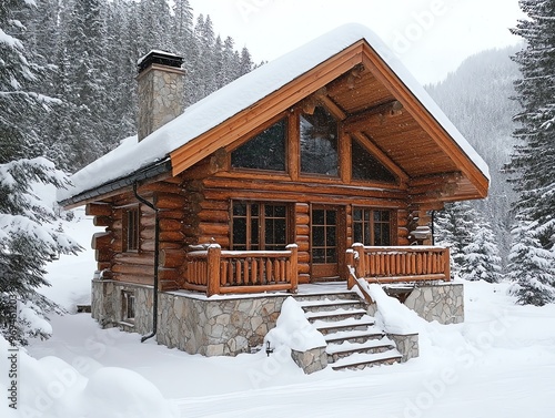 A cozy wooden cabin in the snow with a snow-covered roof, stone chimney, and a porch with a wooden railing.