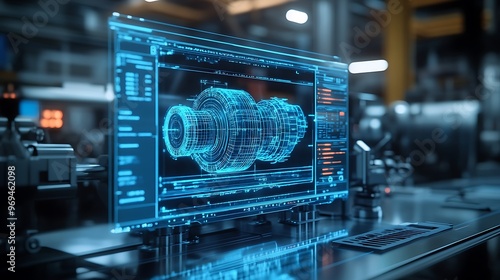 A computer screen displaying a 3D model of a machine part in a factory setting.