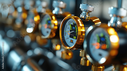 close-up shot of fuel gauges and refinery control panels, metallic details