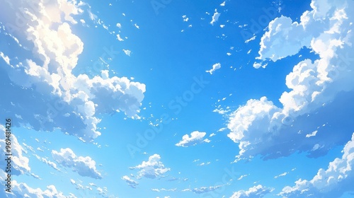 A clear blue sky with a few fluffy white clouds drifting lazily across the horizon on a sunny day.