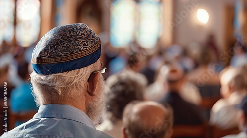 An elderly man with a white beard and a patterned kippah sits in a crowded room, looking to the right, with a blue shirt and glasses.