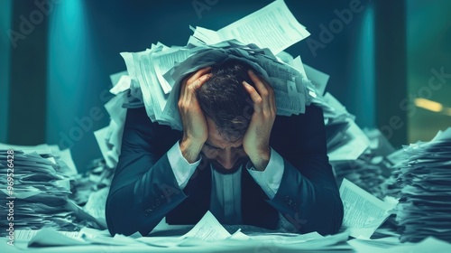 A businessman holding his head in despair, buried under a pile of papers, symbolizing stress and pressure from work.