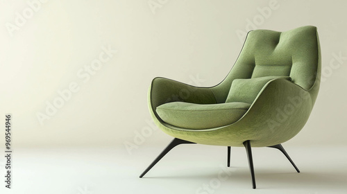 A modern and comfortable armchair in green colors isolated on a light beige background 