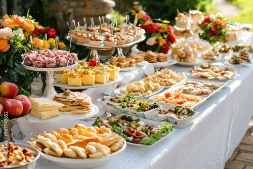 A large buffet table with a variety of food. This image shows a perfect spread for a wedding or other special event.