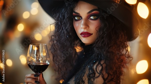 A striking enchantress in witch's guise sips on wine at Halloween