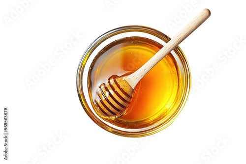 Glass bowl of pure honey with honey dipper isolated on a transparent background. cut out in PNG format for graphic design, isolated on a white background. top view.