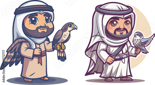 Two Arab men with falcon bird traditional clothing falconry wildlife conservation cultural heritage middle east illustration cartoon character isolated background vector mascot design graphic element