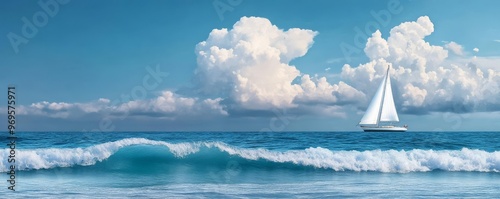 Sailboat on the horizon, dramatic clouds, ocean waves, watercolor style