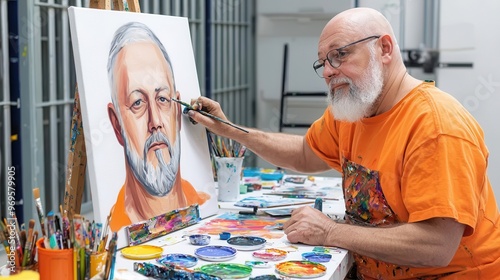 An elderly artist painting a portrait in a studio, showcasing creativity and passion with vibrant colors and brushes.