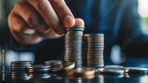 Hand Placing Coin on Stack of Coins.