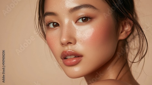 Closeup portrait of a woman with dewy skin and natural makeup.