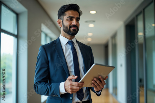 Confident Indian business man leader looking aside walking in office. Busy professional businessman going in hallway holding digital tablet thinking of work plan using tab computer. Authentic photo